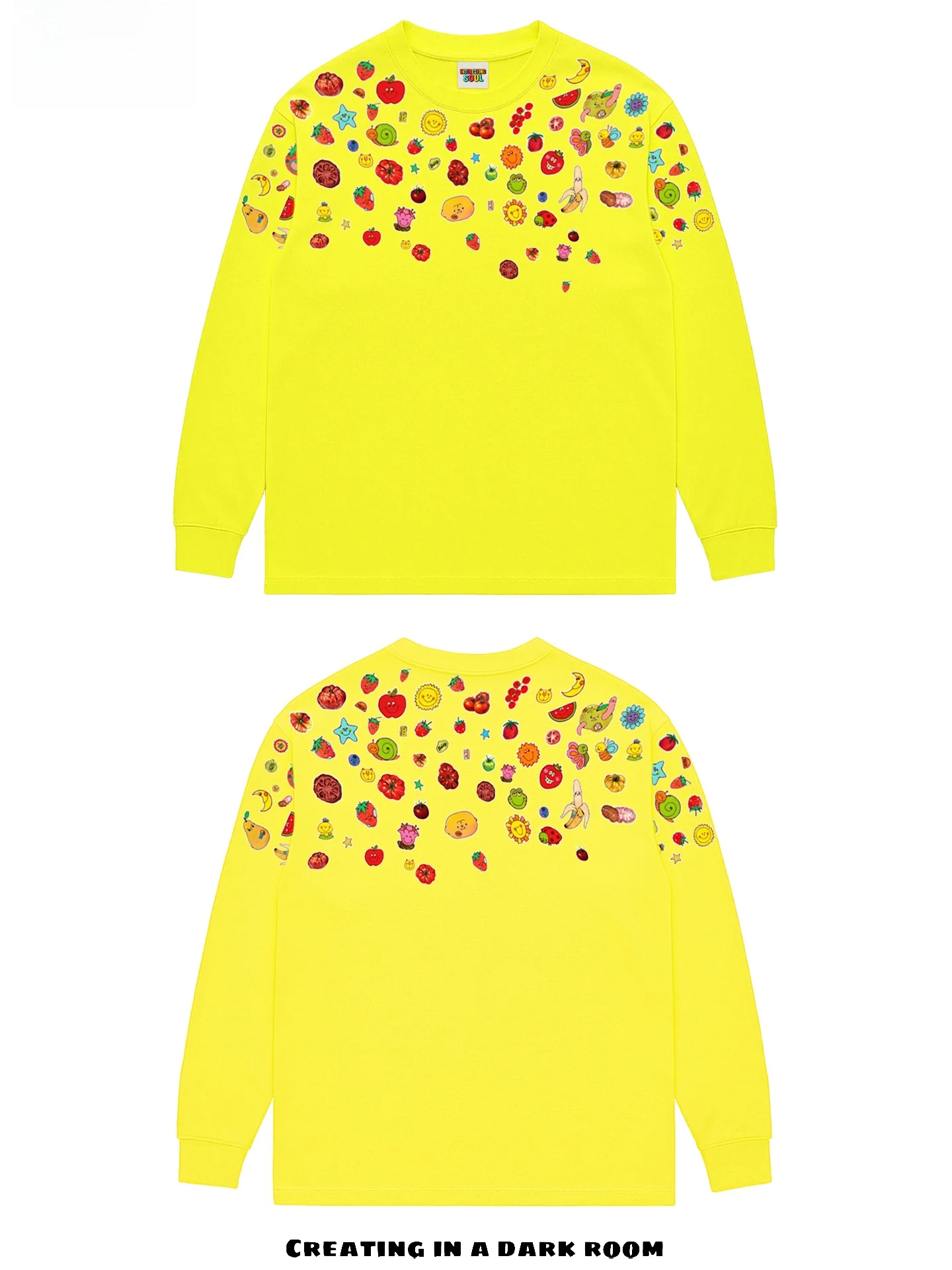 Original Oversize Long Sleeve T-Shirt Fruit Medley Design Skateboard Patchwork Urban Outfit Fashionable Commuting Sun Protection