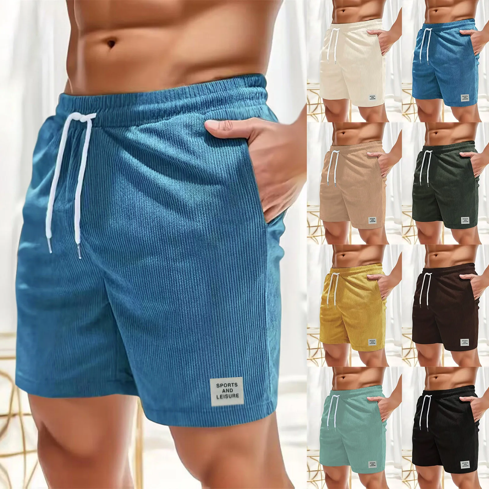 Summer New Solid Color Men Corduroy Sweatpants Casual Shorts Men\'s Beach Shorts Basketball Short Trousers Men\'s Clothing