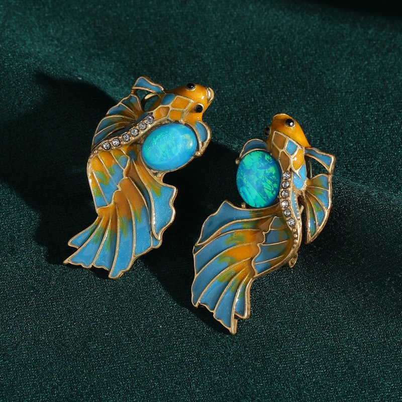

Vintage Blue Goldfish Studs Earrings For Woman Drop Oil Antique Opal Rhinestone Luxury Designer Jewelry Gift Accessories 2025