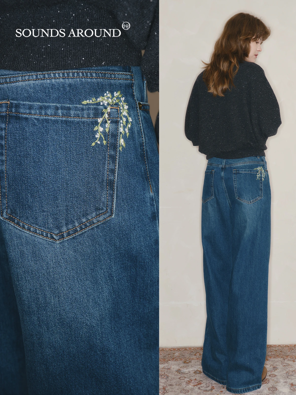 

Джинсы женские винтажные из хлопка с высокой талией, широкие штанины, с вышивкой ручной работы, велюровые, с цветочным узором, с эффектом под старину