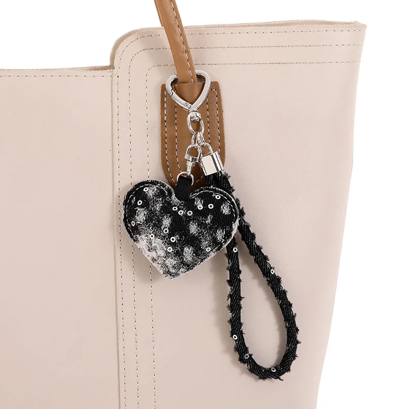 Premium Distressed Denim Keychain Lanyard Ins Style Wristlet with Decorative Heart Clip Multi-Functional Bag Charm Phone Strap