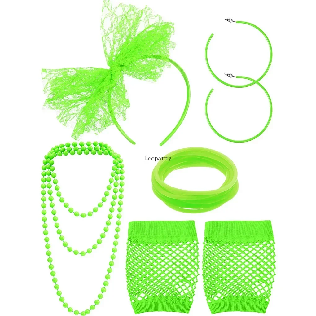 BSR 80s Fancy Dress Costume Accessories Lace Headband Earrings Fishnet Gloves Necklace Bracelet for 80s Retro Party accessories