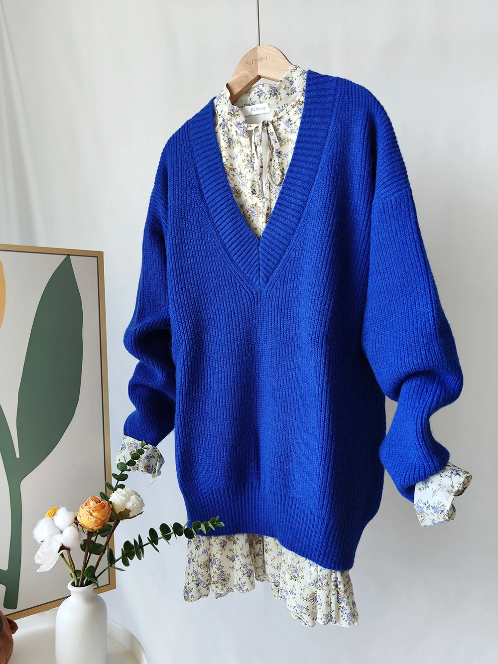 Blue Women's Oversize Sweater with Shirt 2024 Autumn Winter Two Piece Knitted V-neck Pullovers Solid Color Basic Office Jumpers