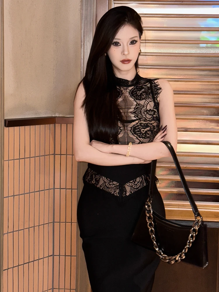 VC elegante zwarte kanten bodycon-jurk voor dames – hoge hals pure kanten bandage midi-jurk voor feest- en avondkleding mouwloze outfit