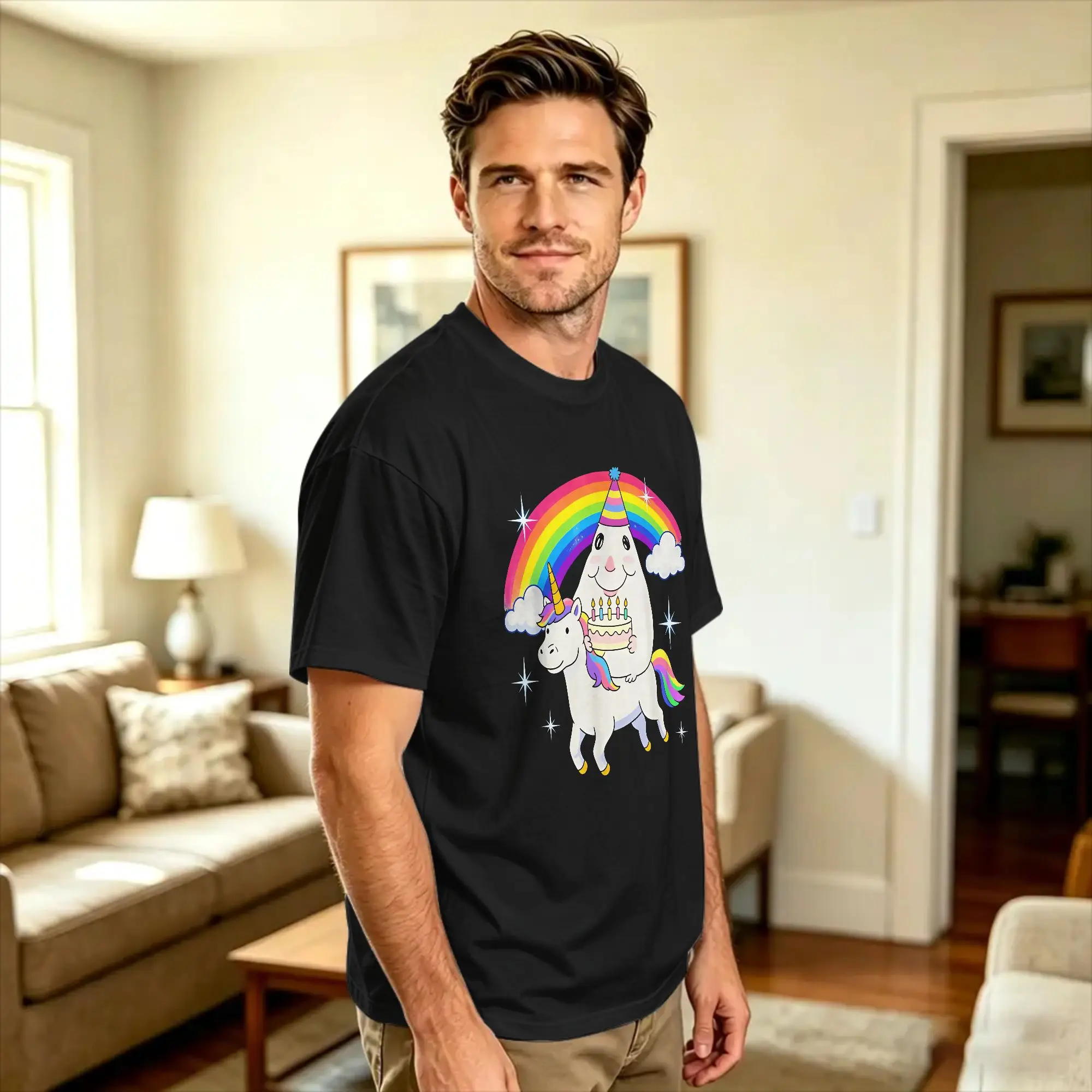 Streetwear T-Shirt Happy Hamster Birthday Unicorn Cake Funny 100 Cotton T-Shirts Hippie Tee Shirt for Mens Summer Y2K Basic Tees