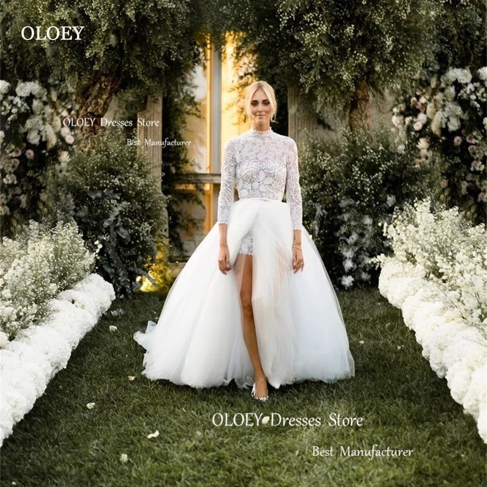 

OLOEY Sexy Ivory Wedding Dress Photoshoot Lace High Waist Long Sleeves Bridal Gown Custom Two Wearing Methods Robe de mariage