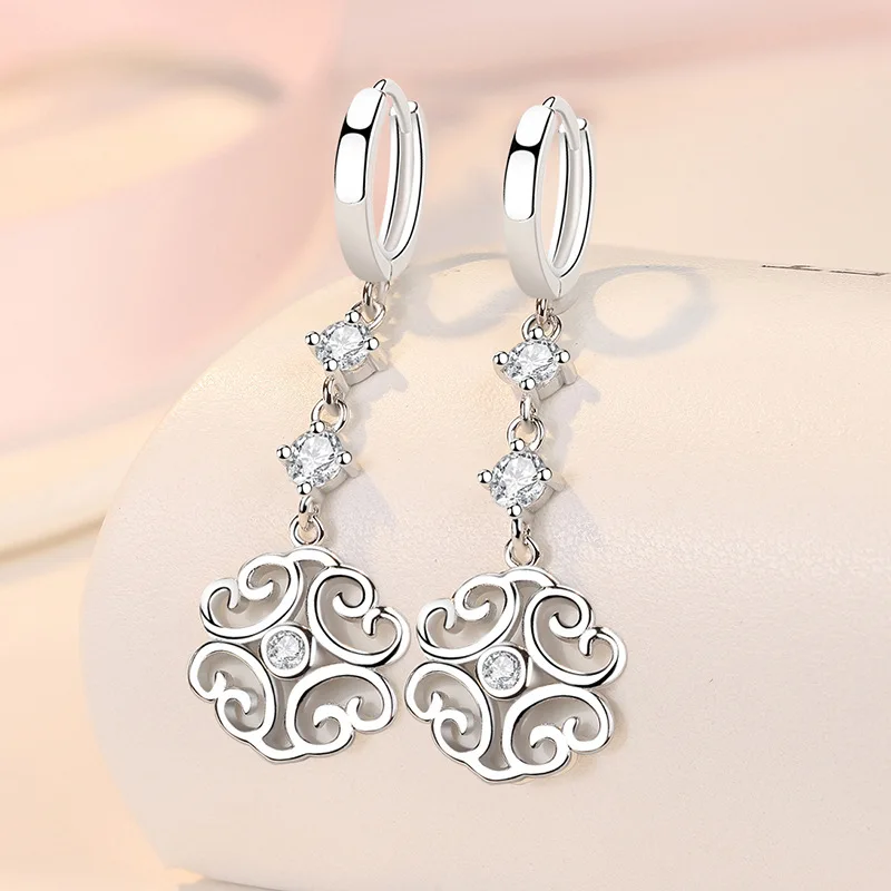 KOFSAC Vintage Fashion Zircon Women's Earrings Long Style Elegant Earrings with Auspicious Clouds 925 Sterling Silver Jewelry