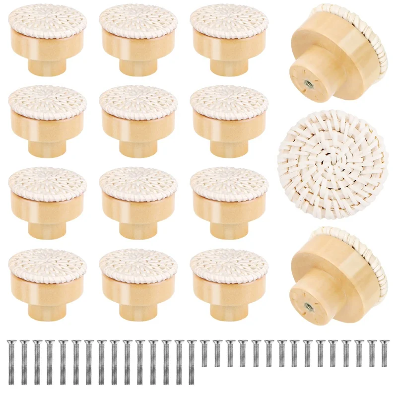 15Pcs Boho Dresser Knobs with 30Pcs Screws, Rattan Knobs for Cabinets and Drawers, Handmade Woven Knobs (Creamy-white)