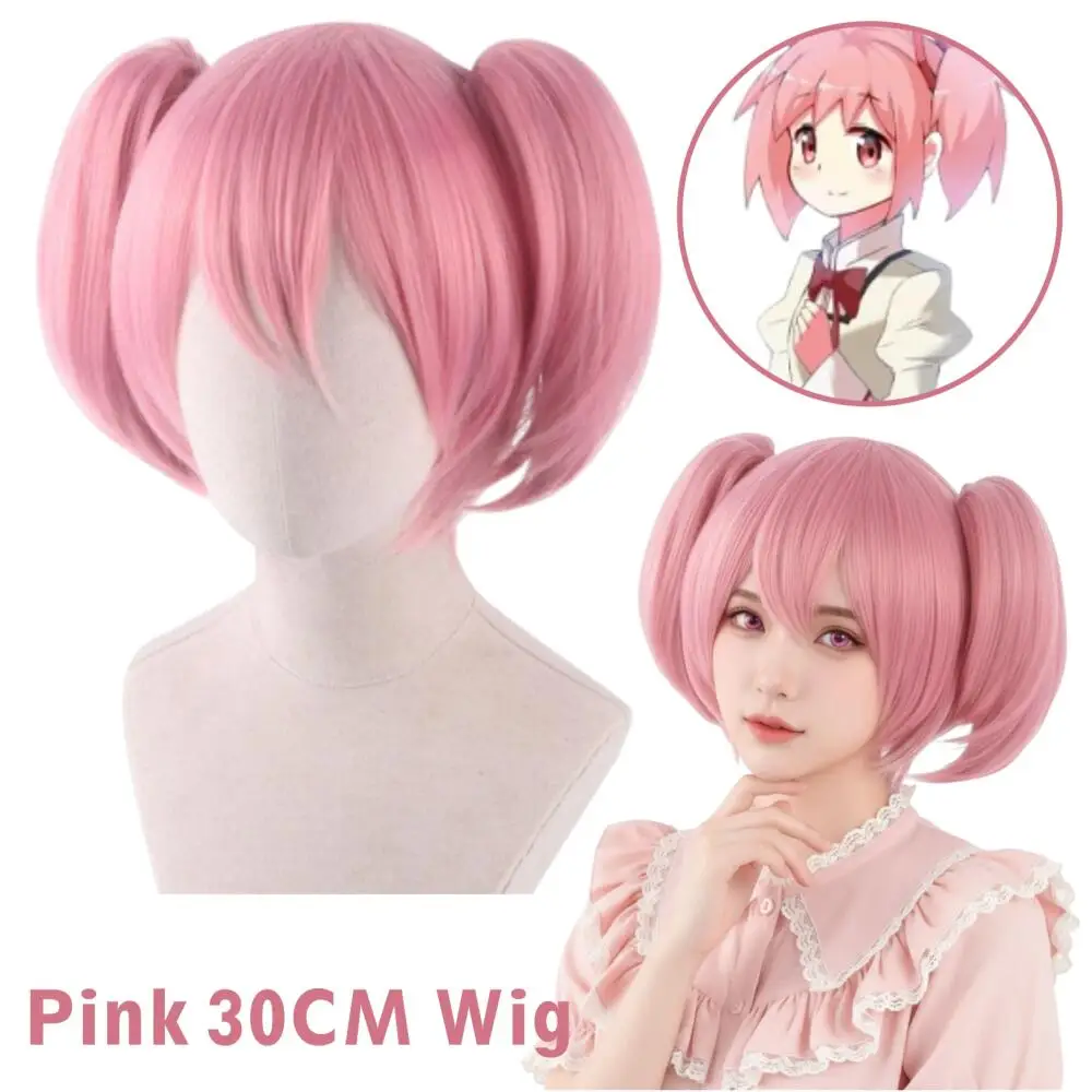 Nuevo 2026 Anime Madoka Kaname Cosplay peluca rosa 30CM doble cola de caballo estilo corto con gorro de peluca gratis pelo sintético resistente mujeres