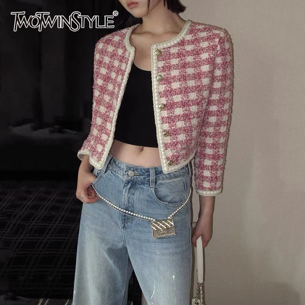 

TWOTWINSTYLE Pink Spliced Plaid Basics Jacket Female O Neck Long Sleeve Slim Sweet Streetwear Women's Jacket Autumn Fashion New