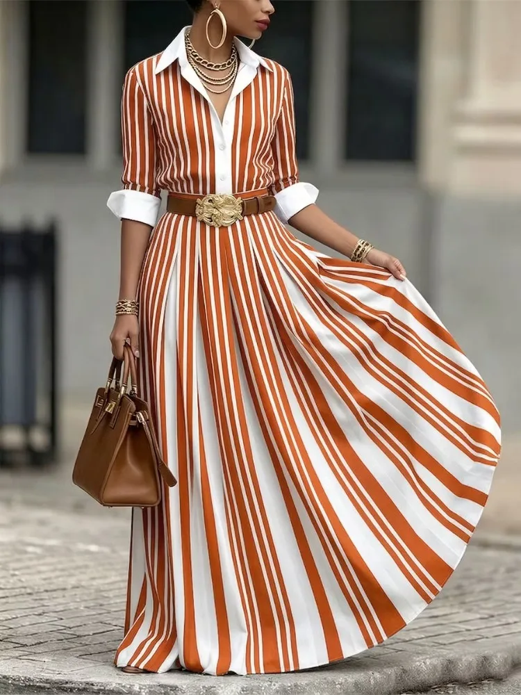 Robe chemise à rayures contrastées pour femmes Yeezzi, manches longues, taille haute, élégante, décontractée, pour le bureau, sans ceinture
