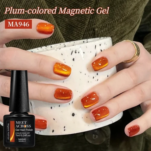 Imagen 2 del producto MEET ACROSS-Gel magnético naranja-rojo, 7ml, serie de otoño, esmalte de Gel para ojos de gato, purpurina holográfica, efecto ojo de gato, suministros para uñas