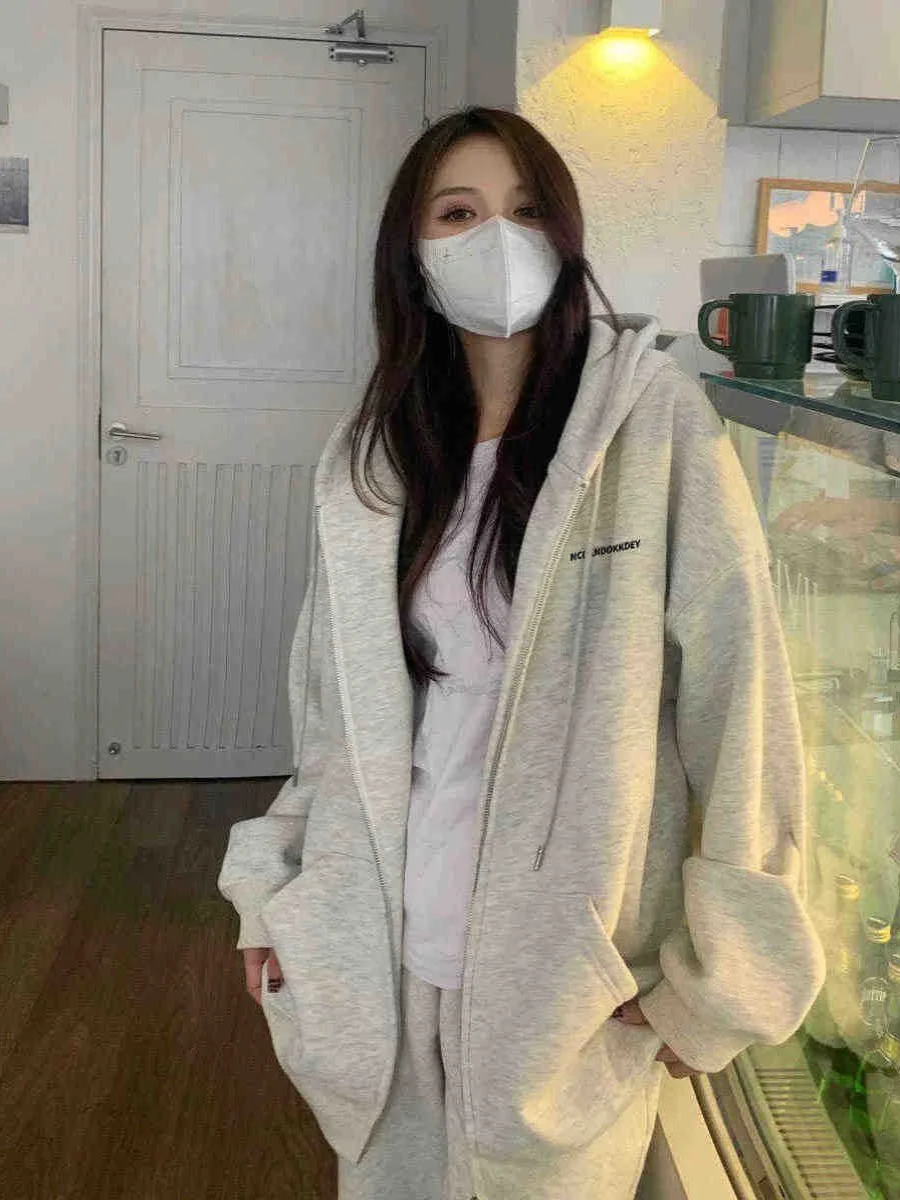 Sweat à capuche doublé grande taille ey Fce pour femme, vêtement d'extérieur décontracté, haut américain rétro paresseux, automne hiver