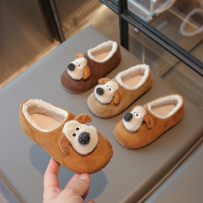 *Baby Winter New Fashion Cute Cartoon Puppy Casual Soft Plus Velvet Flat Cotton Shoes Lightweight One-word Warm Walking Shoes