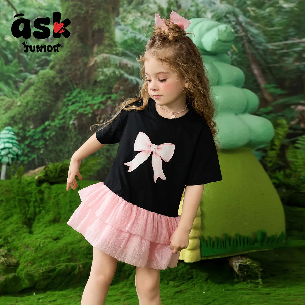 طقم فستان لطيف مكون من قطعتين للفتيات الصغيرات برقبة دائرية وطبعة فيونكة #2