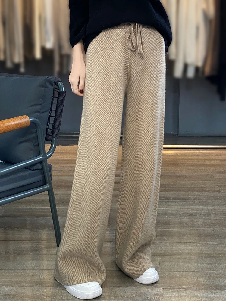 Autumn and Winter New Women\'s Knitted Herringbone Pattern Pants Casual Loose Wide Leg Pants 100% Merino Wool Pants Fashion Korea