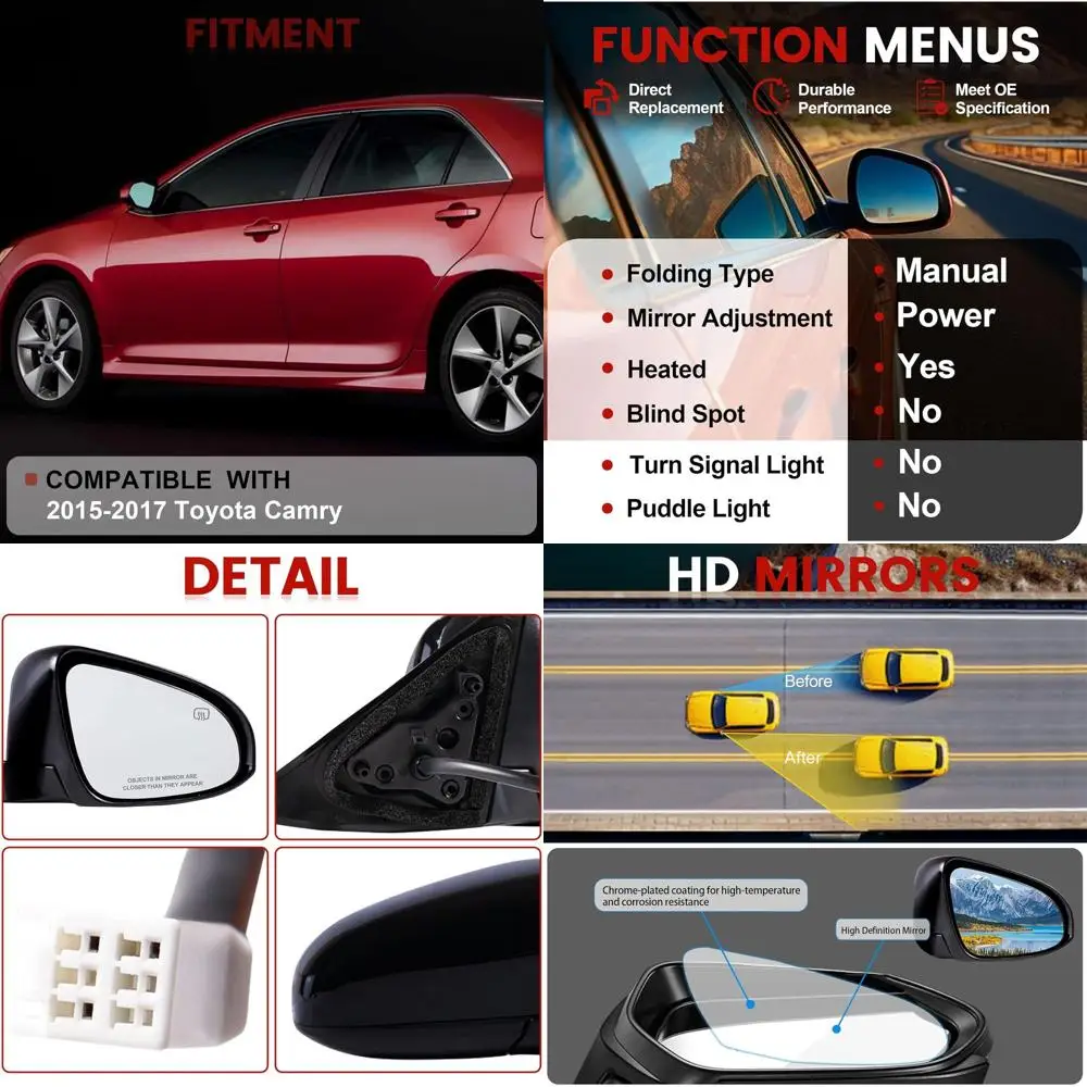 

Зеркало пассажирского бока, совместимое с Toyota Camry 2015-2016 2017, 5 контактов с электроприводом, складное вручную стекло с подогревом, черная правая сторона