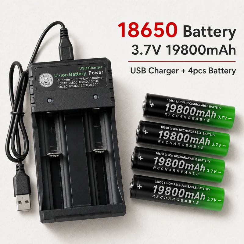 

Rechargeable 18650 Lithium Battery 3.7V 19800mAh For Flashlight Torch Lamp, Replacement Power Cell With USB Charger Pack
