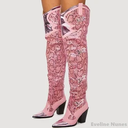 Sexy Pink Snake Print Over The Knee Boots Women Embroidered Pointed Toe Thick Heels Slip On Long Boots New Fashion Catwalk Boots