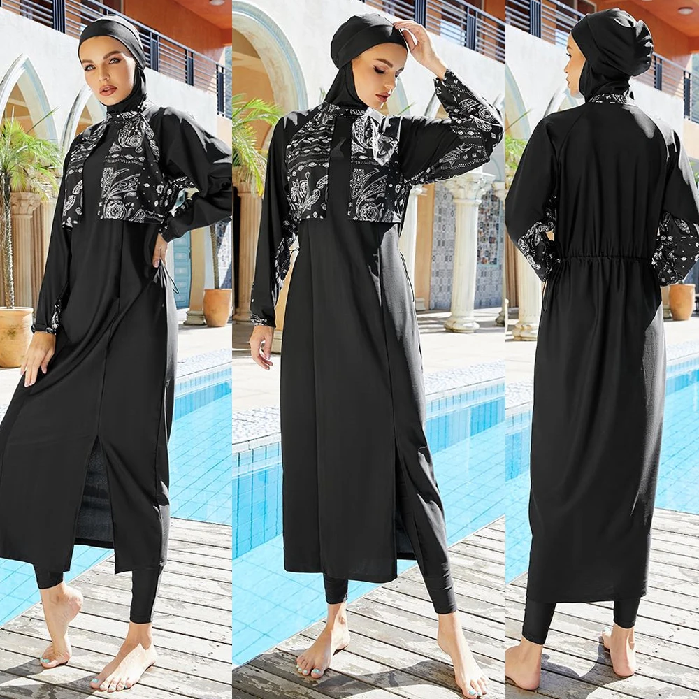 3PCS Muslim Women Swimsuits Long Sleeve Tops Pants Cap Swimwear Islamic Full Cover Printed Modest Burkinis Surfing Swimming Wear