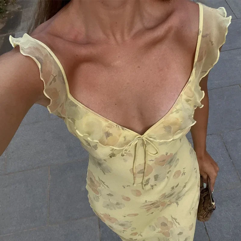 

Summer Floral Print Plunge Maxi Dress Outfits Sexy Backless Fairy Sun Dresses Vacation Beachwear Vestido Coquette