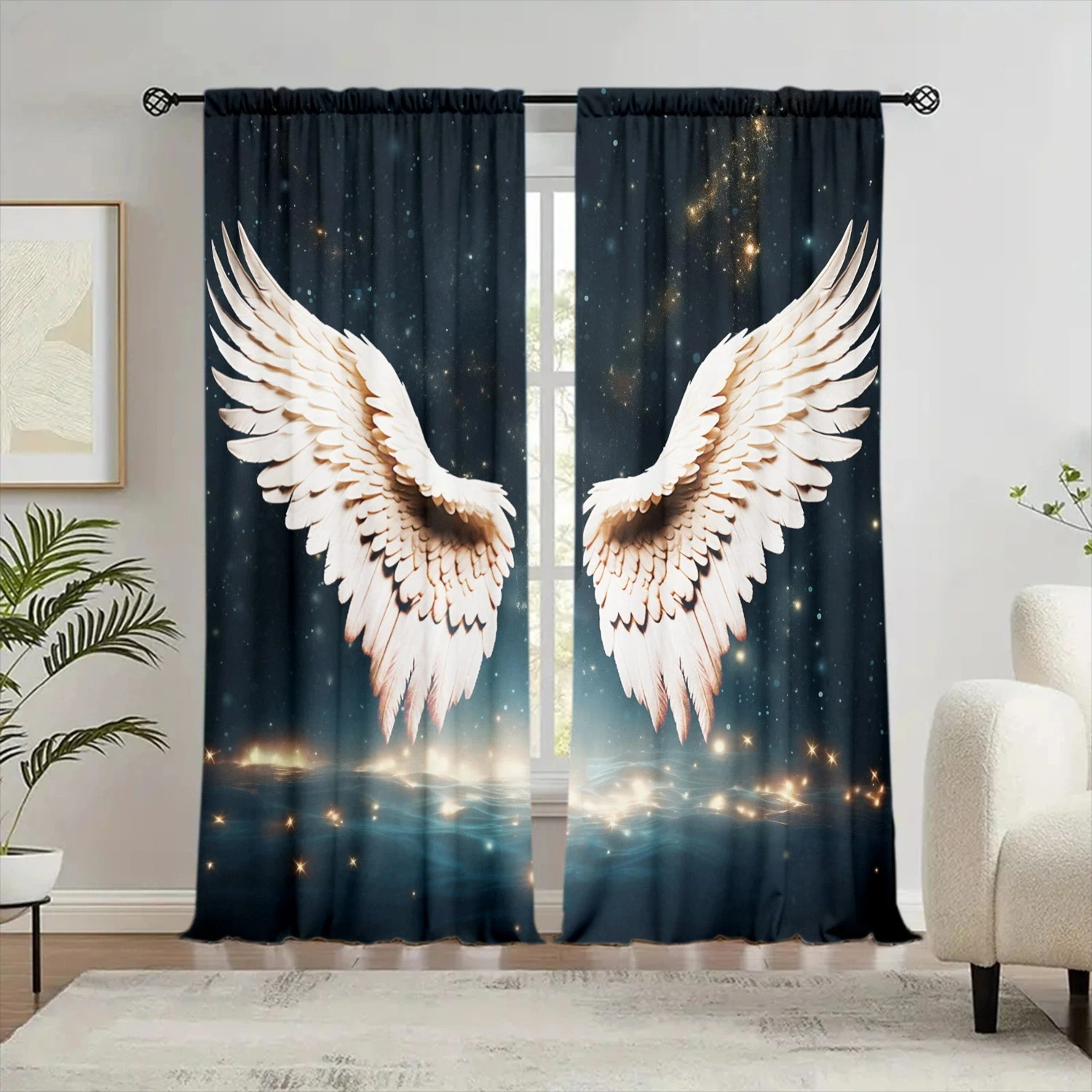 2pcs Angel Wings Curtains Glowing Feather Window Drapes Starry Sky Celestial Fantasy Art Decor Living Room Bedroom