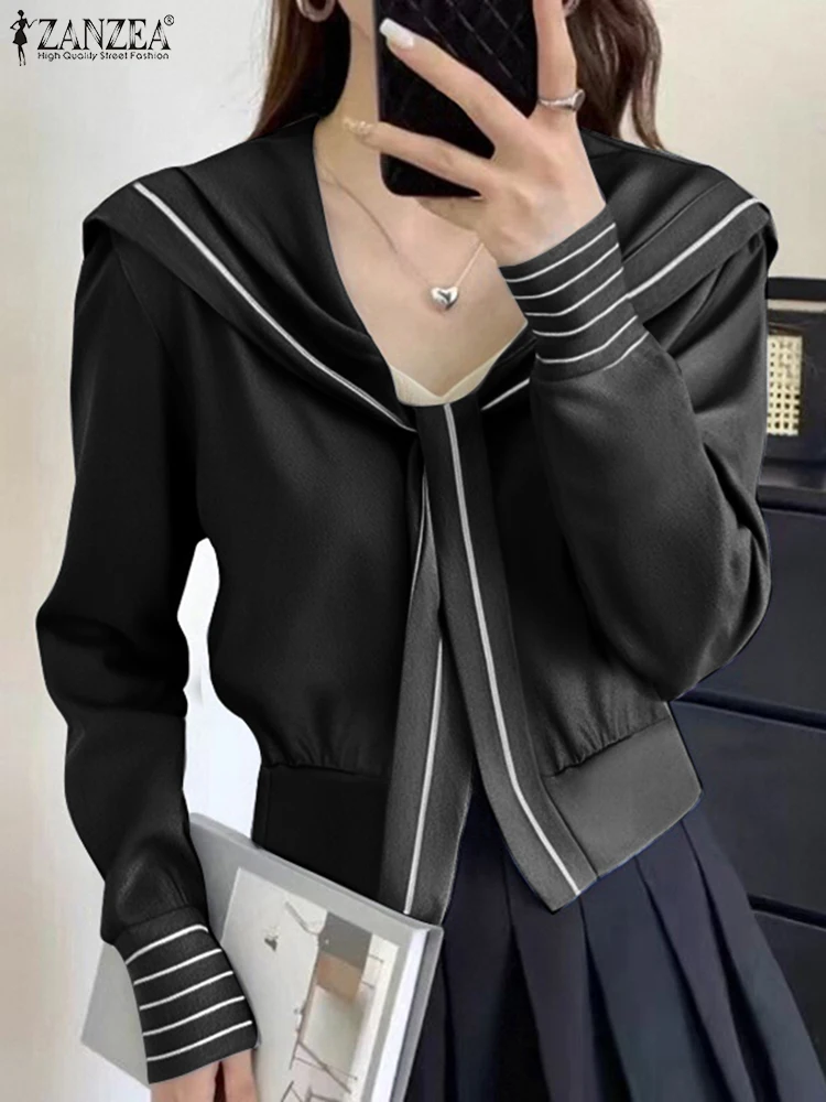 

2025 ZANZEA Women Fashion Cardigans Striped Shirts Spring Long Sleeve Cardigan Soilor Collar Casual Open Stitch Vintage Tops