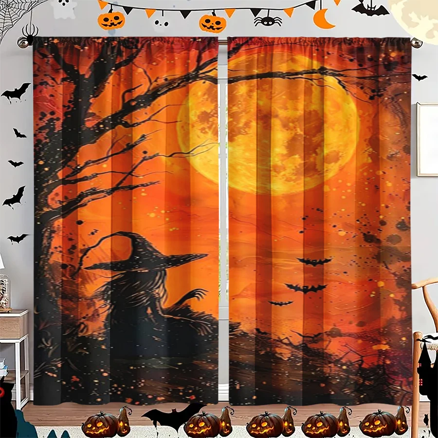 2PCS Digital Print Curtain, Witch Silhouette Orange Moon Dead Tree, Orange Halloween Spooky Style for Living Room Bedroom Decor