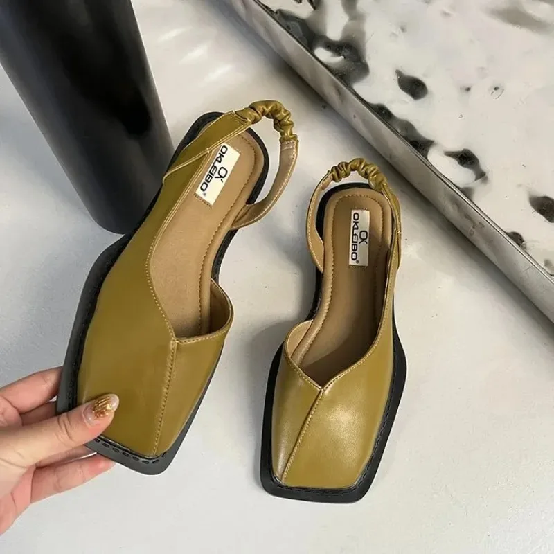 2024 Summer Elegant Ladies Sandals Fashion Ladies Elastic Band Flat Heel Women Shallow Party Shoes Square Heel 35-40 Square Toe