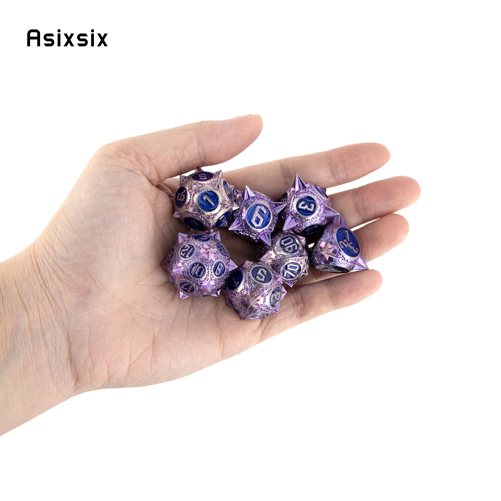 7 Pcs Purple Blue Meteor Hammer Metal Dice Solid Metal Polyhedral Dice Set Suitable for Role-Playing RPG  Board Game Card Game