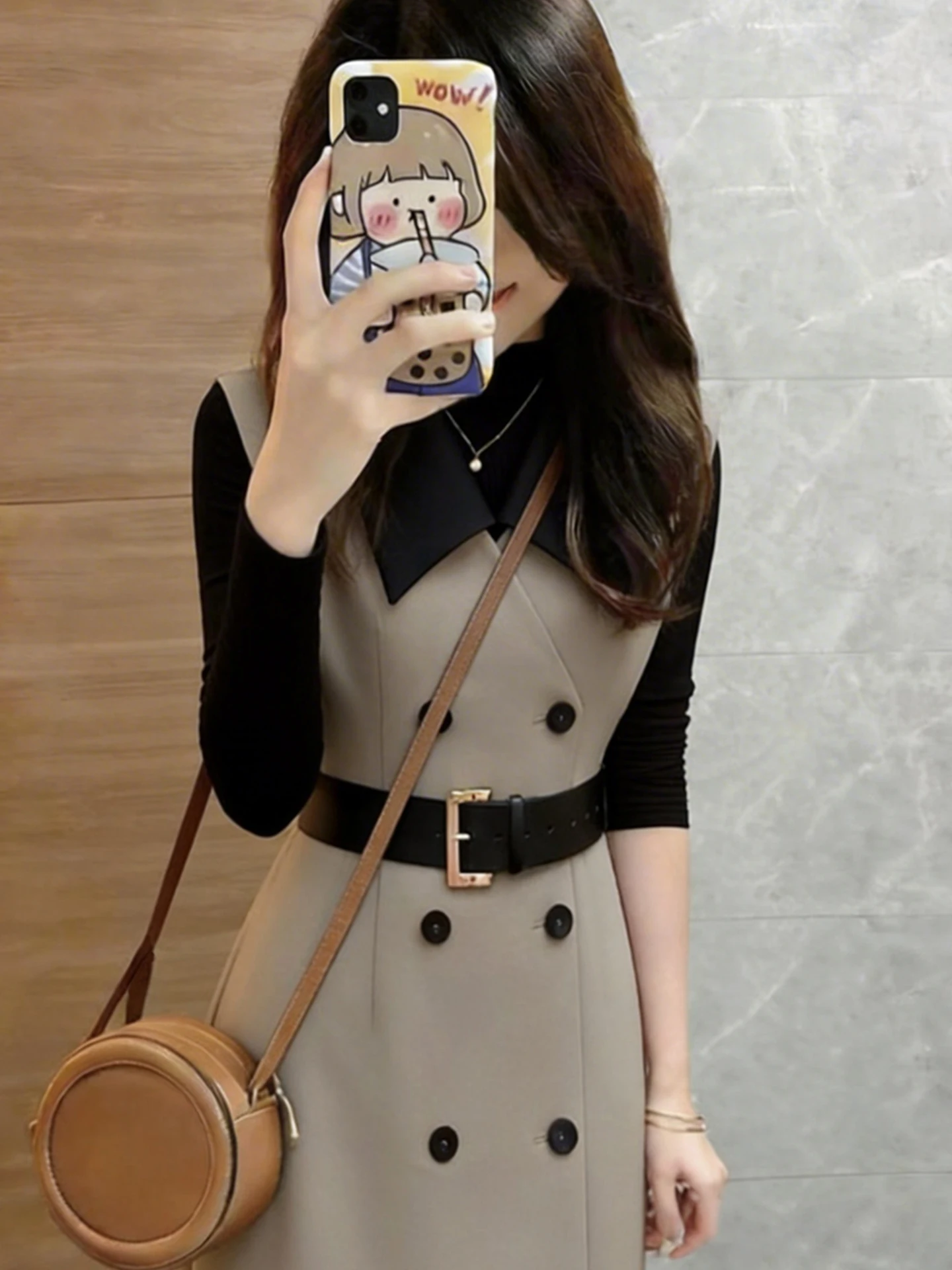 Spring Commute Women's Double-Breasted Midi Length Windbreaker  Collar Color Block High Waist Polyester Fiber Jacket