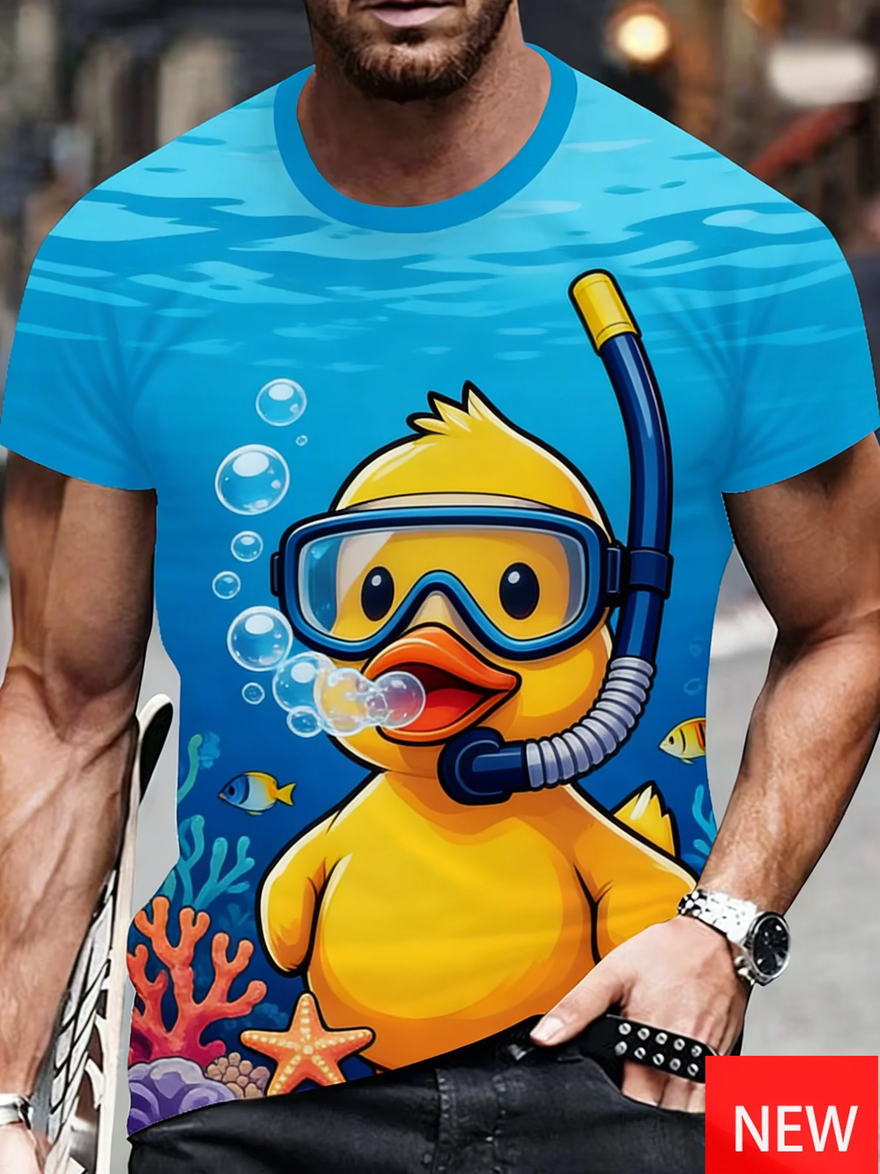 Men's Fun Beach Shirt Summer Vacation Fashionable Duck And Tropical Palm Tree Pattern Tshirt Casual Short Sleeve Oversized Tees