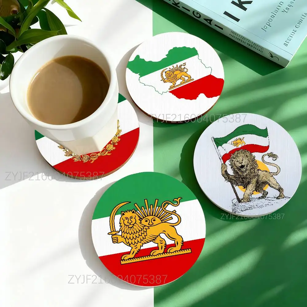 

I-Iran P-Pahlavi Flag Pattern Art Coasters Round Wooden Heat Resistant Non-Slip Home Decor Gift Multifunctional