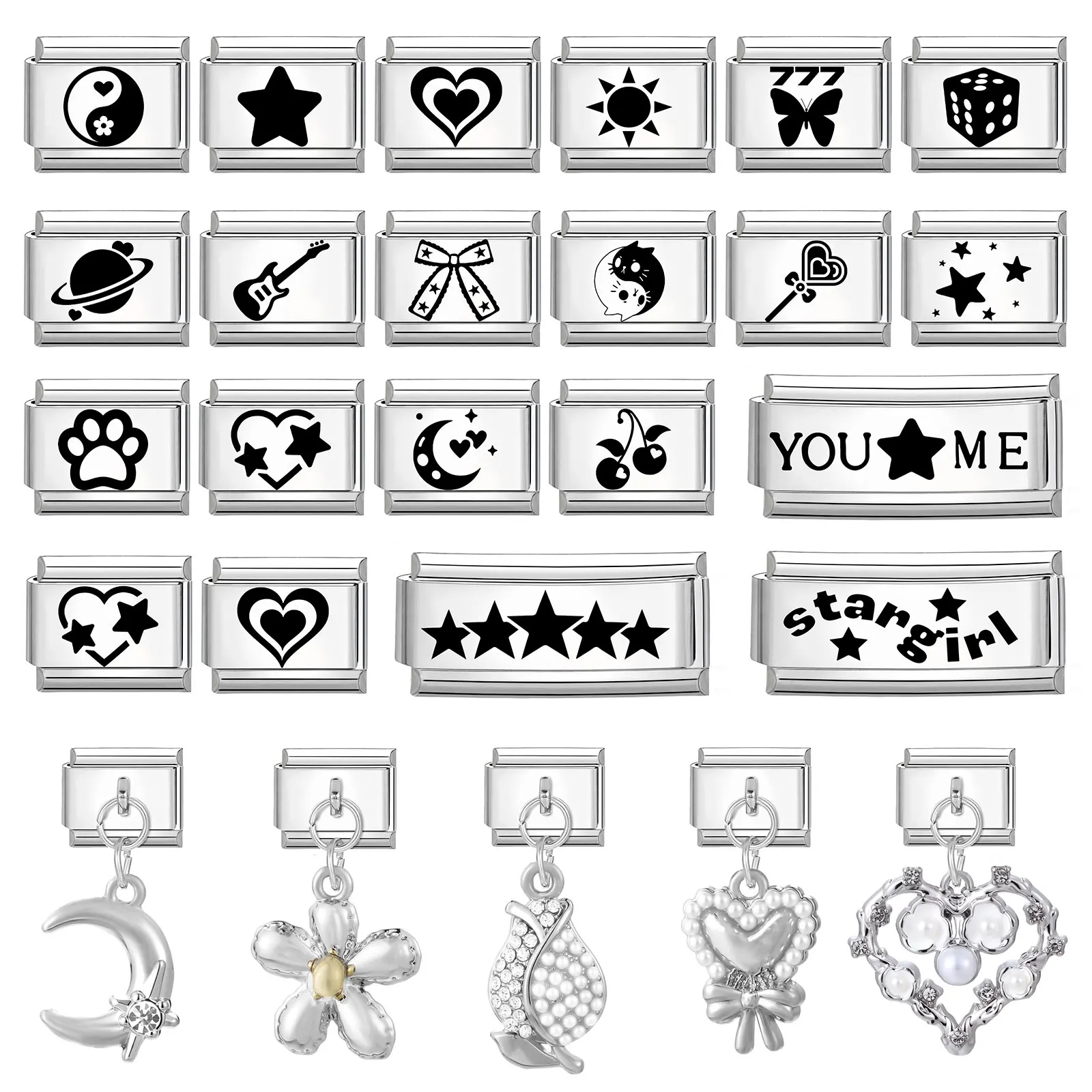 Laser Engraving Star Heart Moon Tai Chi Sun Dice Italian Charm Links Fit 9mm Bracelet Stainless Steel Men Women DIY Making Gifts