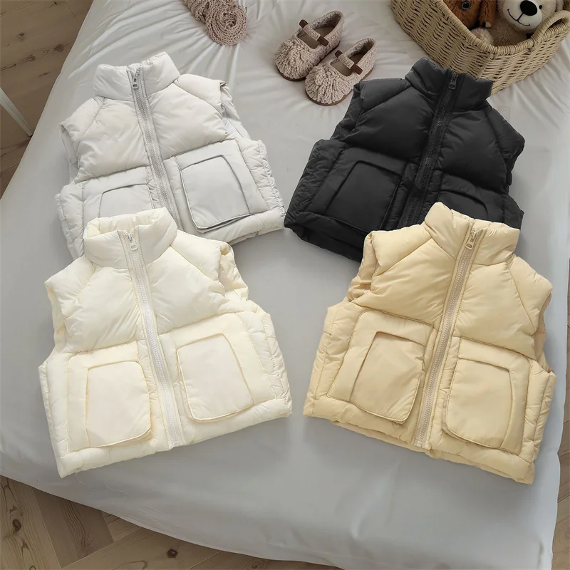 Kids Winter Warm Vest Children Solid Versation Sleeveless Tank Jacket Boys Girls Casual Outdoor Thick Thermal Zipper Outerwear