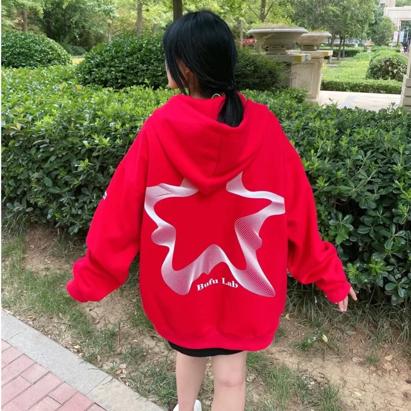 New Star Graphic Zip Up Hood Jacket For Men Women Winter Oversize Cardigan Zipper Hip Hop Grunge Hoodie Y2k Korean Fashion Top