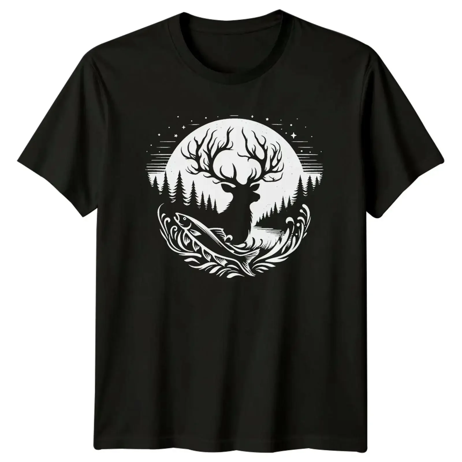 Hirsch Fisch Baum T Shirt Angeln Geschenk für Ihn vintage Washed Stylish fashion Casual Unisex homme Stretched Breathable