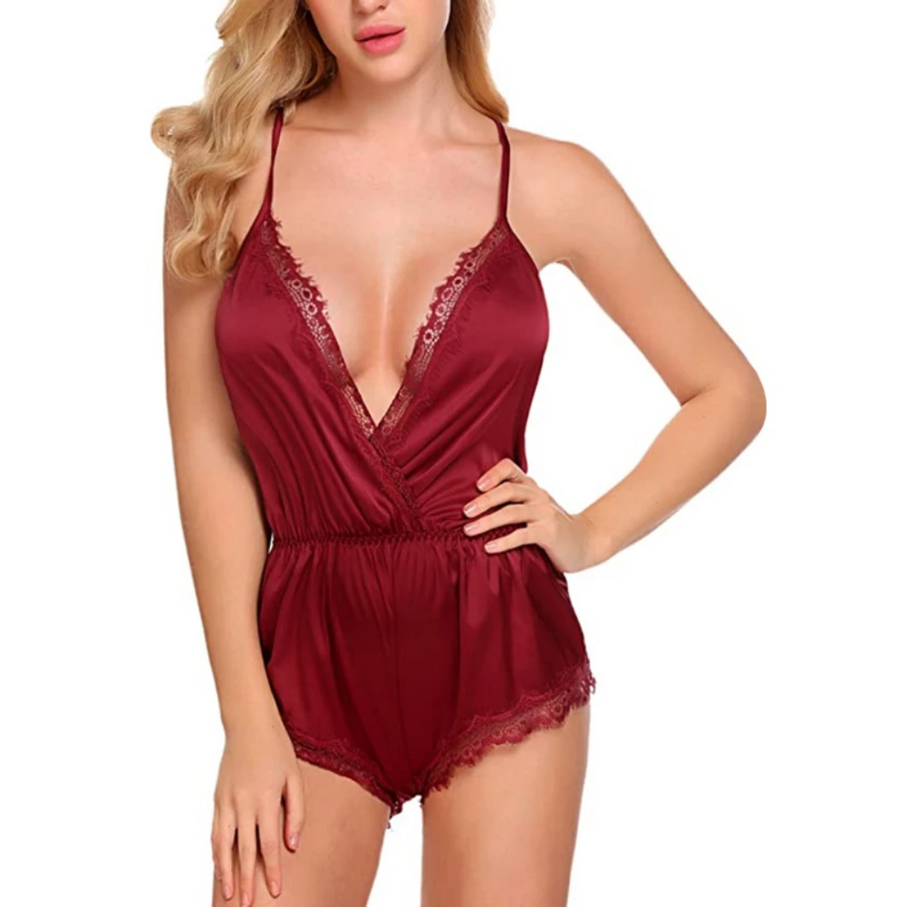 Sexy Jumpsuit Lace Backless Overalls for Women Halter Temptation Perspective Sleeveless Deep-V One-piece Bodysuit