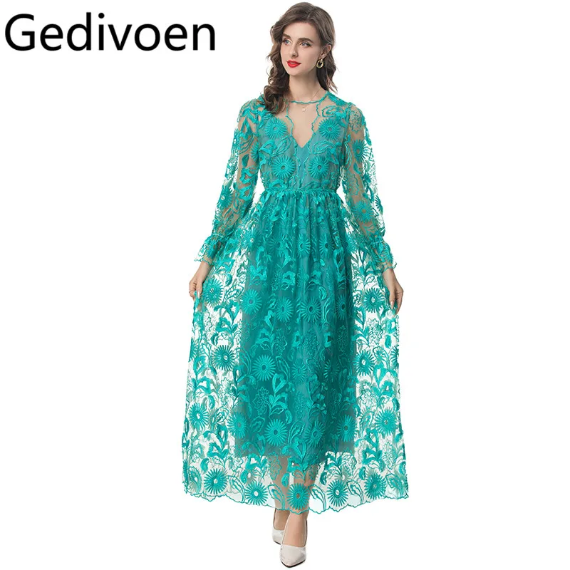 

Gedivoen Summer Fashion Runway Designer Dresses Women's Bohemian Solid Color Flowers Embroidery Net Yarn Sexy Flutter Dresses