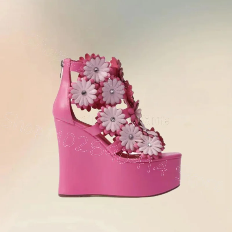 Rose Red Appliques Wedges Heel Platform Sandals Buckle Strap Women Shoes Open Toe Party Banquet Dating 2026 Zapatos Para Mujere