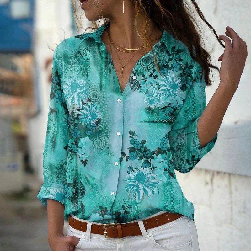 Elegant Sweet Floral Women's Shirt Tops Casual Long Sleeve Turn-down Collar Comfortable Casual Style Spring Autumn Shirt Blouses