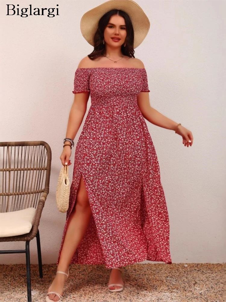 

Летнее платье больших размеров, женское модное сексуальное женское платье с открытыми плечами, свободное плиссированное женское платье с рюшами и высокой талией