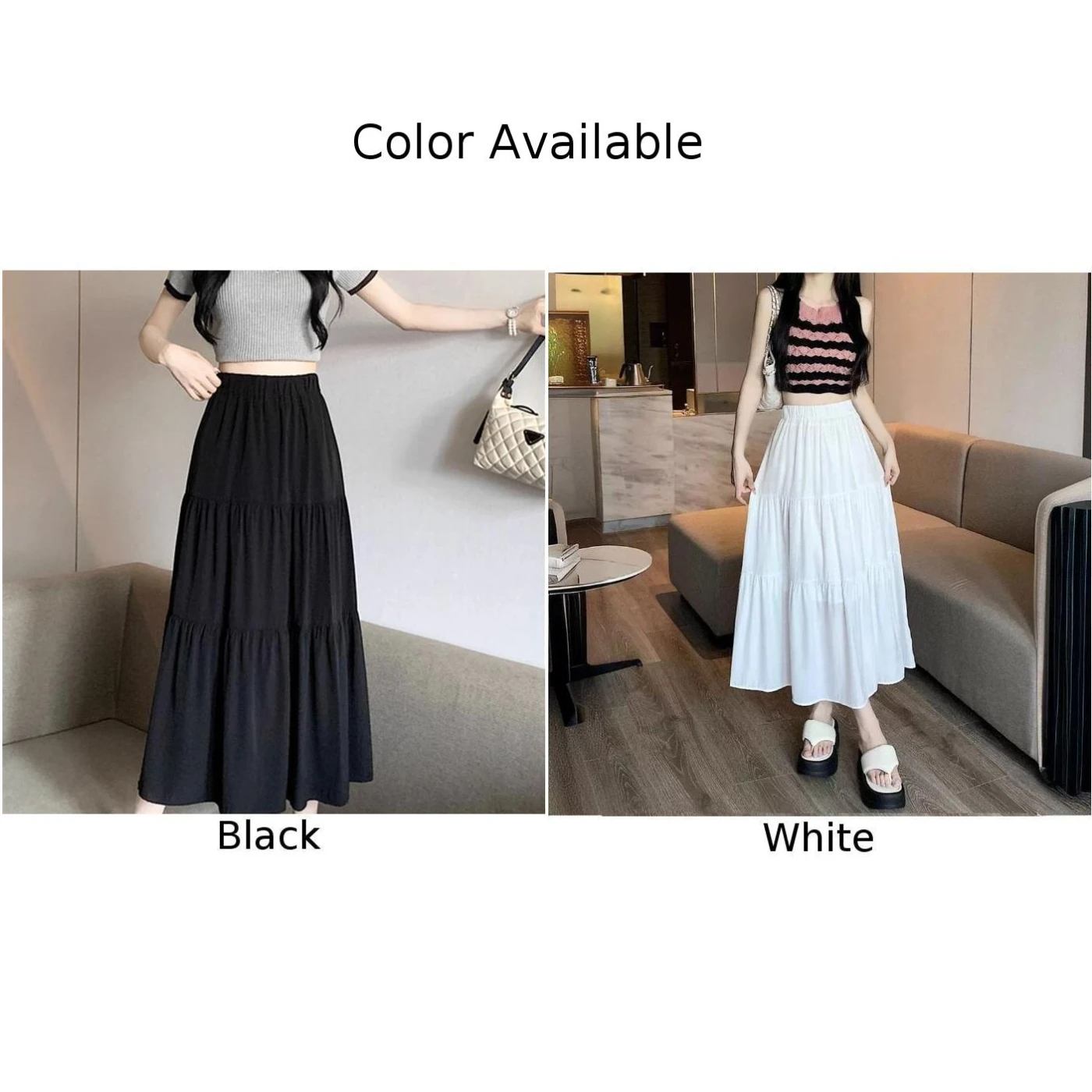 New Women Summer Spliced Pleated ​​A-Line White Skirt High Elastic Waist Mid-Length Skirt Fairy Korean Female Half Length Skirt