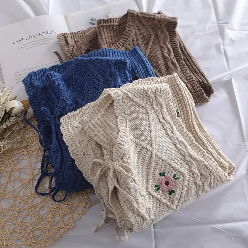 Kimotimo Embroidery Knit Vest Women Autumn Versatile O-neck Lace Up Sleeveless Cardigan French Retro Art Sweater Waistcoat