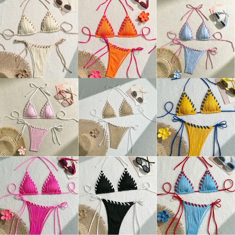 New women's eyelets, rope wearing triangle tie bikini swimsuit, spicy girl beach sexy split body slimming