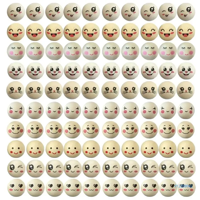 100 Pcs Wooden Beads 20mm Natural Wood Beads DIY Wooden Ball with Face for Jewellery Bracelet Necklace Craft Drop shipping