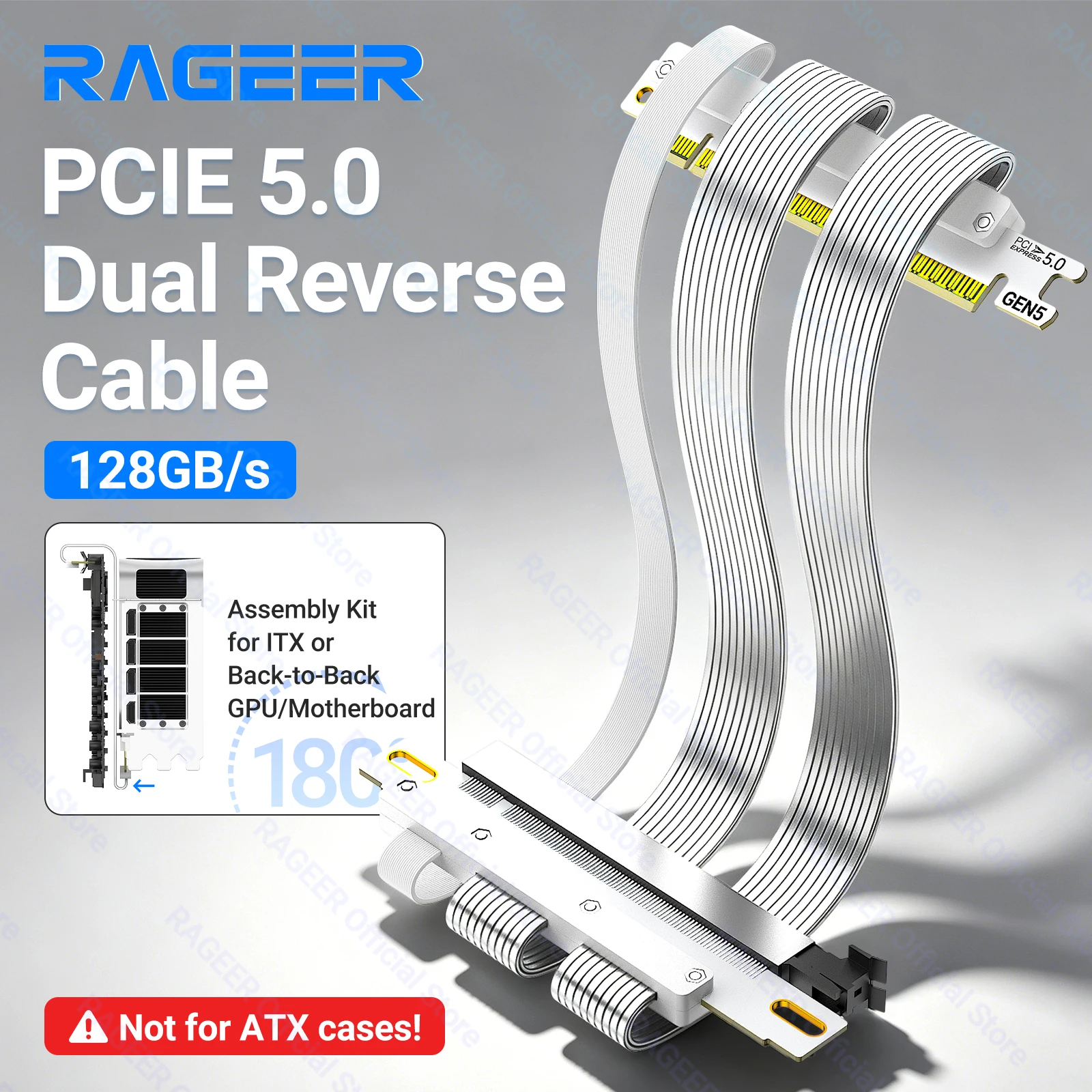 RAGEER Dual Reverse GPU Riser Cable PCIe 5.0 128Gbps 30AWG Double Shielded Flat Cable Dual Reverse Extension Cable for ITX case