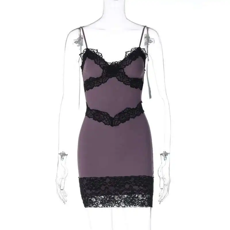 

New Instagram Style Sexy V-neck Patchwork Lace Edge Pure Desire Suspender Wrapped Chest and Buttocks Short Dress Vestido Women