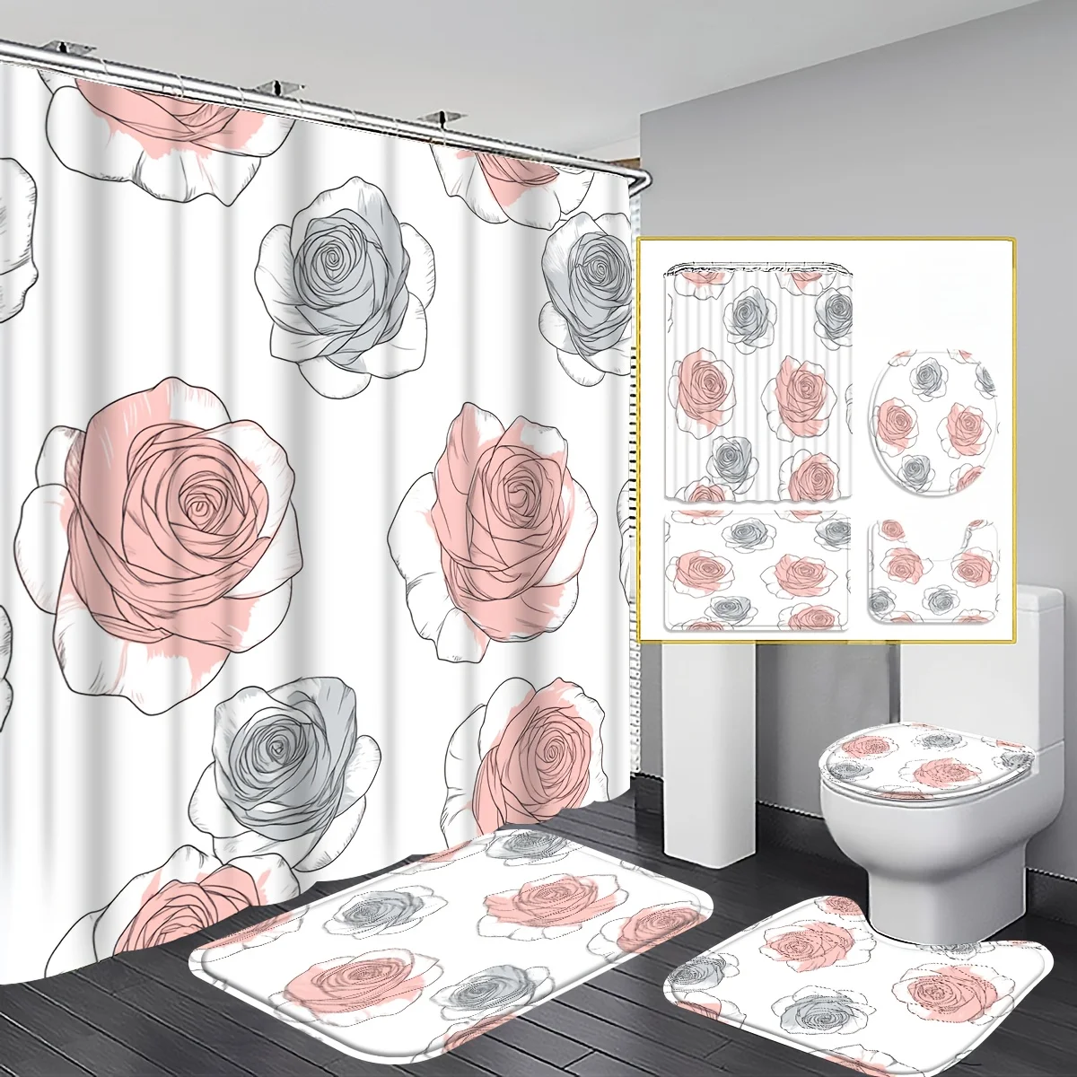 

Набор для ванной комнаты с розовым узором из 4 предметов включает занавеску для душа с крючками, нескользящим ковриком, сиденье для унитаза и нескользящую накладку.