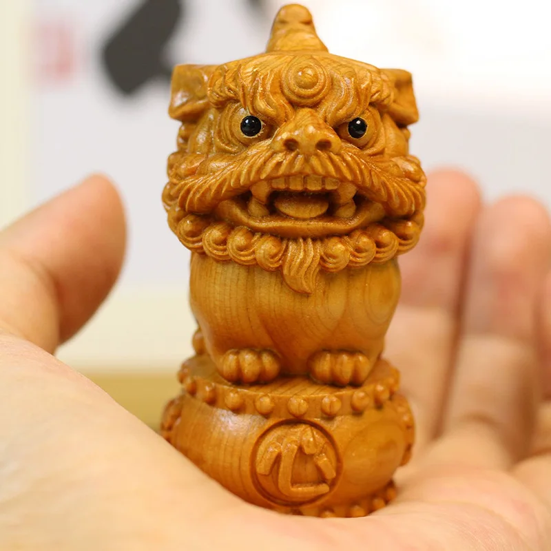 Natural Cypress Auspicious Lion Animal Figurine Hand-Carved Home Room Office Car Decoration  Chinese Characteristics Figurines